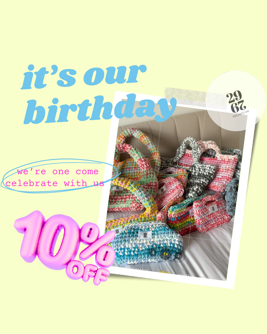 Colorful handbags with a '10% off' birthday sale promotion on a light yellow background.